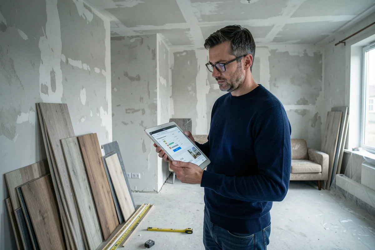 Homme consultant un outil de chiffrage déco sur tablette dans un salon en cours de rénovation