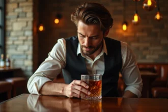 Homme élégant sirotant un cocktail dans un bar chic