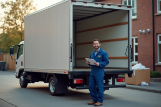 Homme en overalls avec camion de déménagement vide
