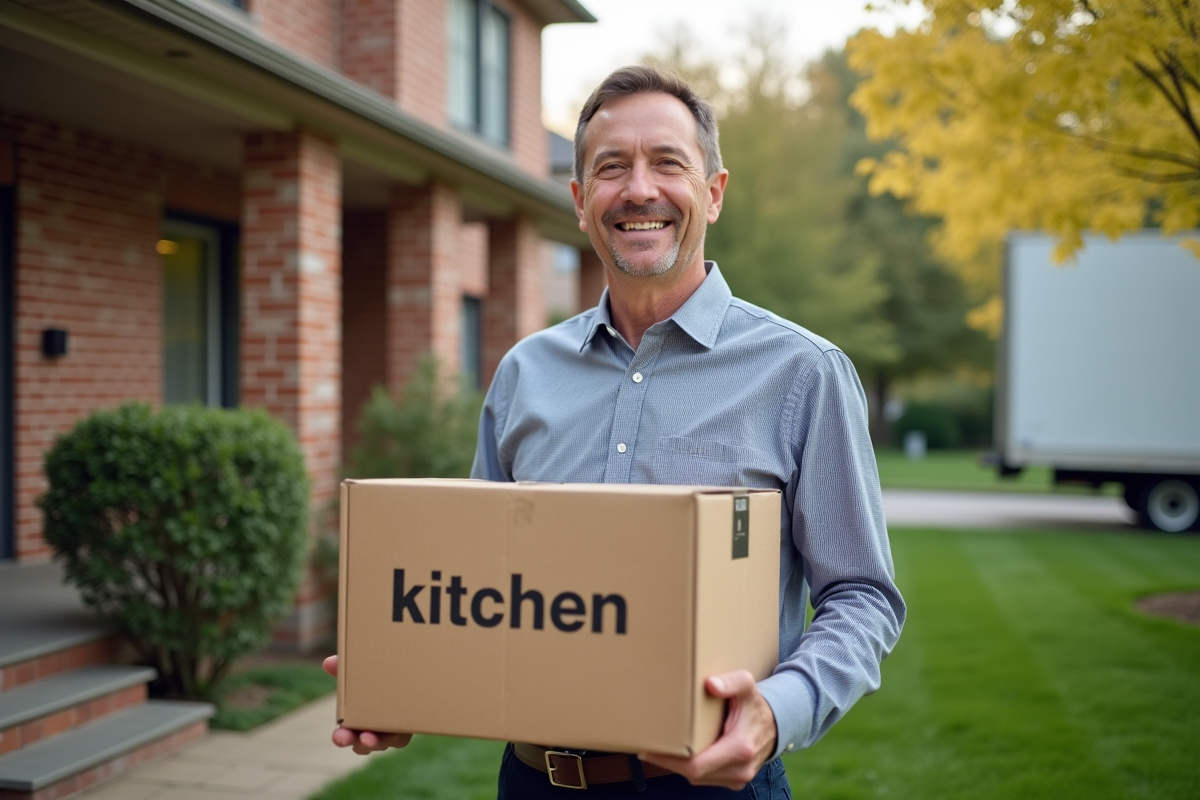 Homme souriant portant boîte devant une maison en déménagement