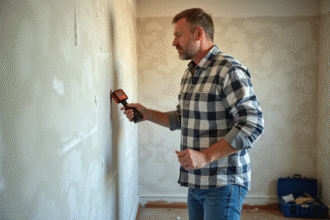 Homme d'âge moyen avec détecteur de fissures intérieur