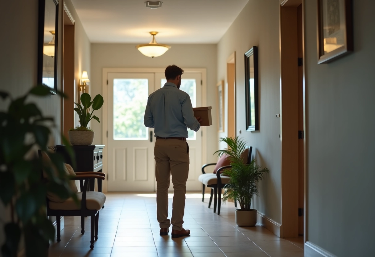 Homme vérifiant un colis à la porte d