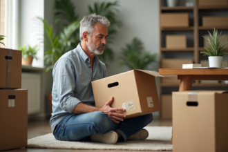 Homme d'âge moyen inspectant une vieille boîte en carton dans un salon lumineux