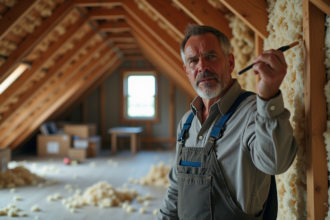 Homme en salopette examine l'isolation en attic