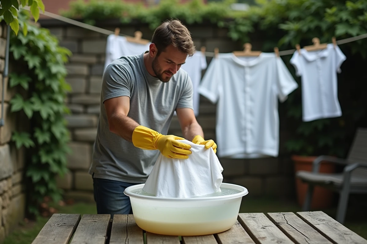 Homme portant des gants en caoutchouc lavant un polo blanc grisé dans une bassine avec du vinaigre blanc en extérieur