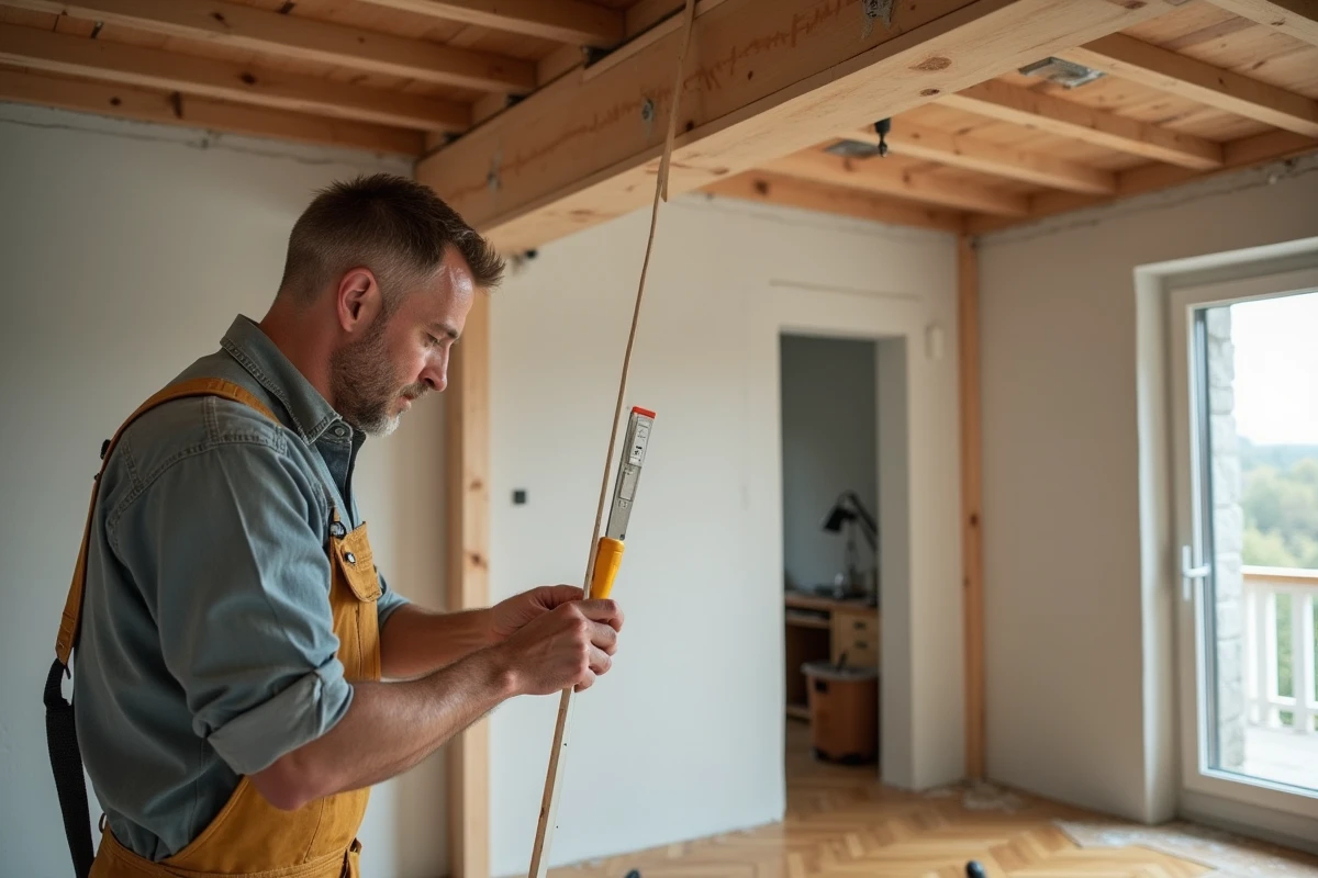 Homme en overalls mesurant une poutre en bois dans un salon moderne