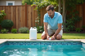 Homme mesurant le chlore dans une piscine extérieure