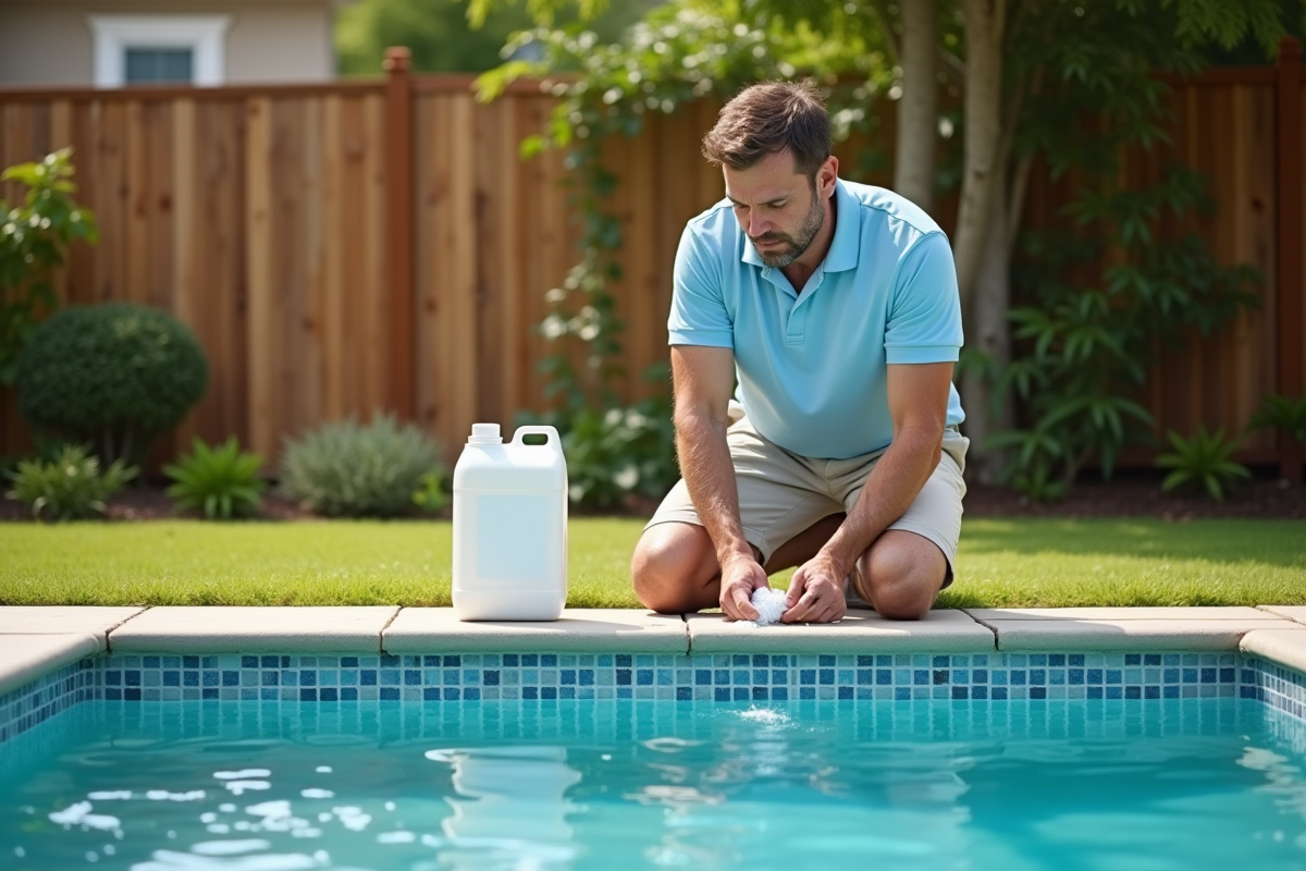 Homme mesurant le chlore dans une piscine extérieure
