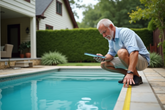 Homme mesurant la largeur d'une piscine dans un jardin