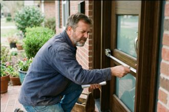 Homme mesurant une porte d'entrée moderne avec précision