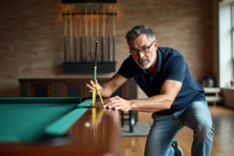 Homme mesurant une table de billard dans une salle spacieuse