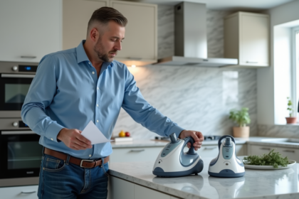 Homme comparant deux nettoyeurs vapeur dans la cuisine