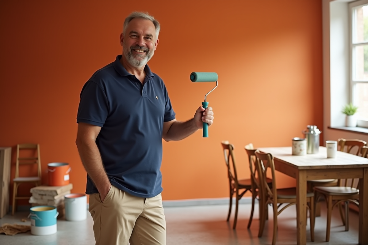 Homme peignant un mur terracotta dans une salle à manger lumineuse