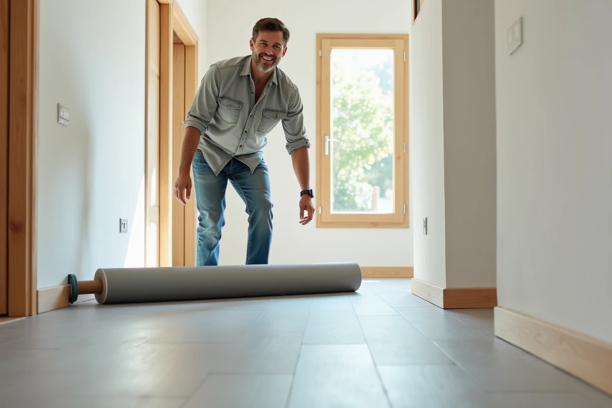 Homme souriant posant un revêtement PVC dans un couloir