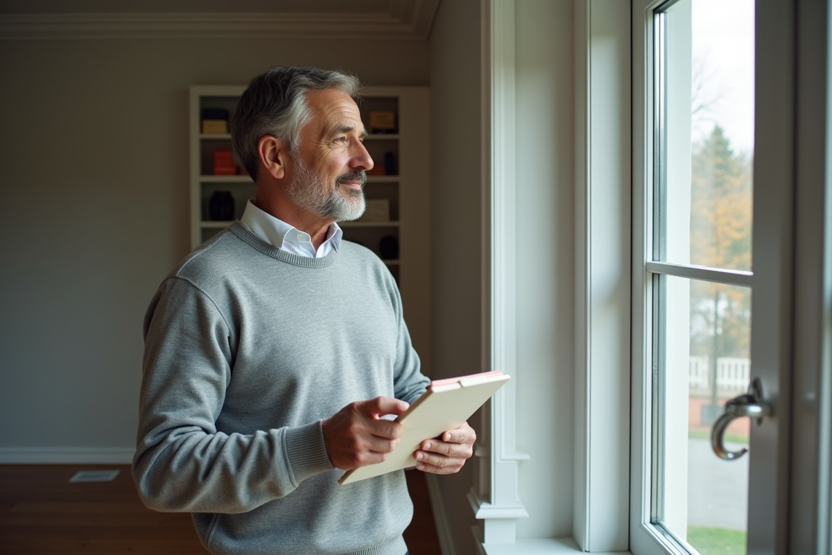 Homme d'âge moyen examine une grande fenêtre moderne dans un salon rénové