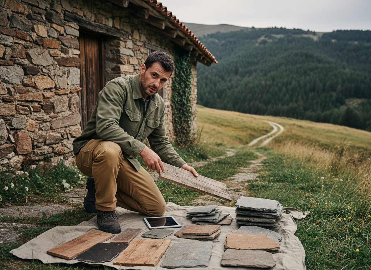 Jeune homme évaluant des matériaux sur une maison en pierre en montagne