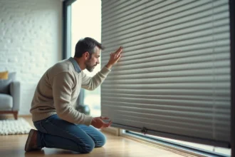 Homme examine un volet roulant bloqué dans un salon moderne