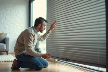 Homme examine un volet roulant bloqué dans un salon moderne