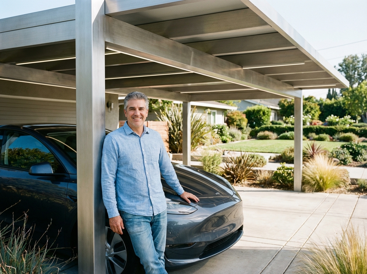 Homme souriant près d'un carport en aluminium moderne