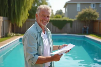 Homme souriant près d'une piscine hors sol en été