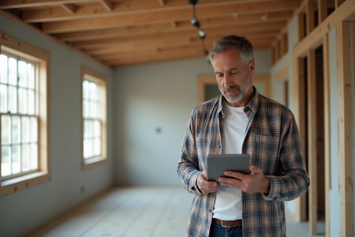 Homme vérifiant un budget sur une tablette dans un salon en renovation