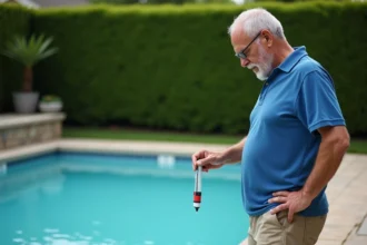 Homme d'âge moyen testant l'eau de la piscine dans son jardin