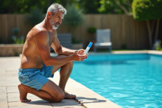 Homme d'âge moyen avec kit de test piscine au bord
