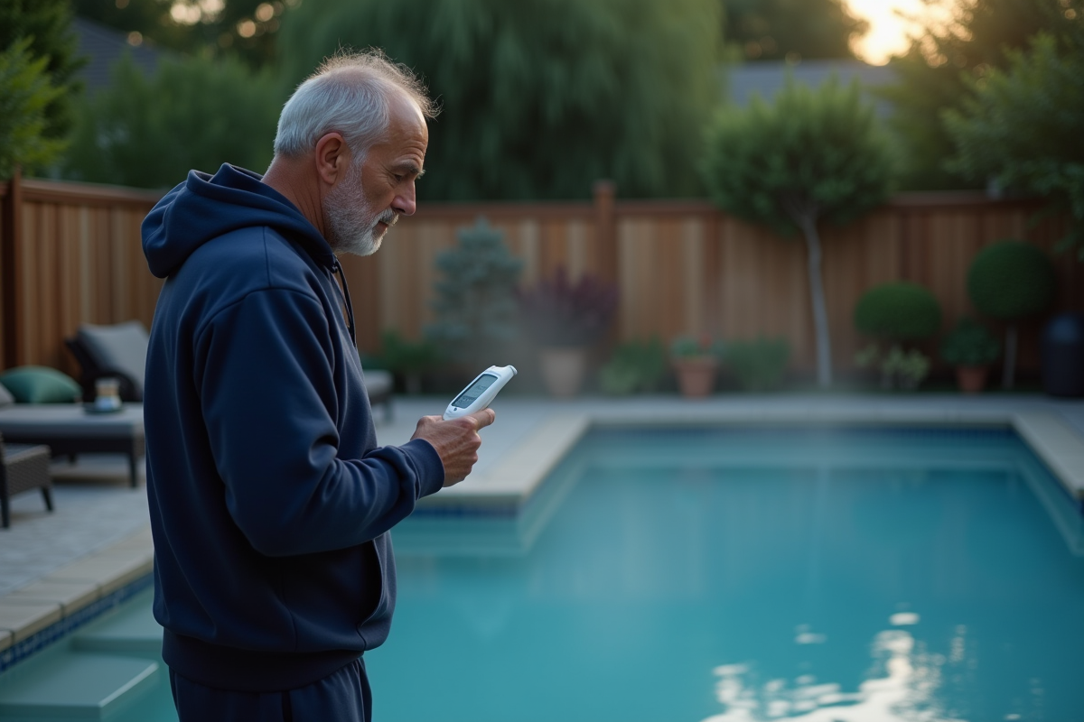 Homme d'âge moyen vérifiant la température de la piscine extérieure