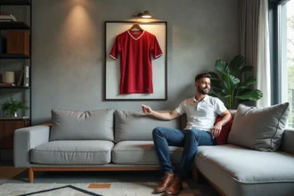 Homme accrochant un maillot de football vintage dans un salon moderne