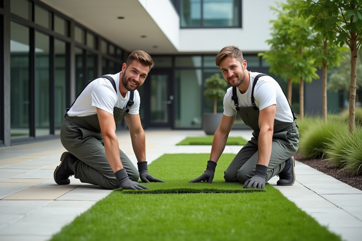 Deux hommes posant du gazon dans une cour urbaine moderne