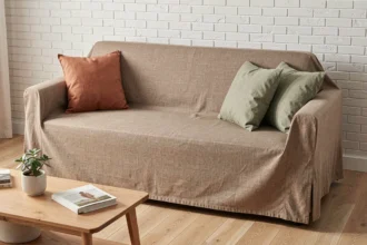Housse de BZ en lin taupe dans un salon scandinave avec coussins décoratifs et table basse en bois