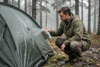 Homme appliquant un imperméabilisant en spray sur une tente de camping en forêt par temps humide