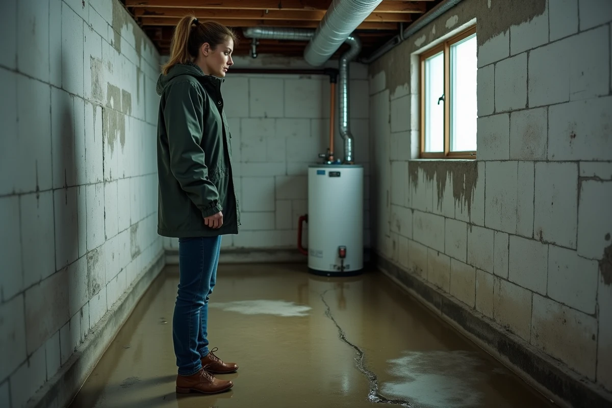 Femme observant des infiltrations d'eau dans un sous-sol inondé, révélant un problème grave de drainage autour de la maison