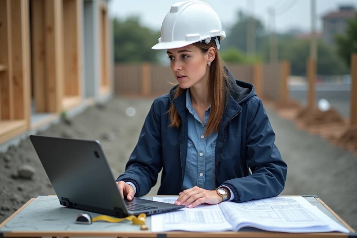 Ingénieure en bâtiment vérifiant le calcul du volume de béton en m3 sur un chantier extérieur