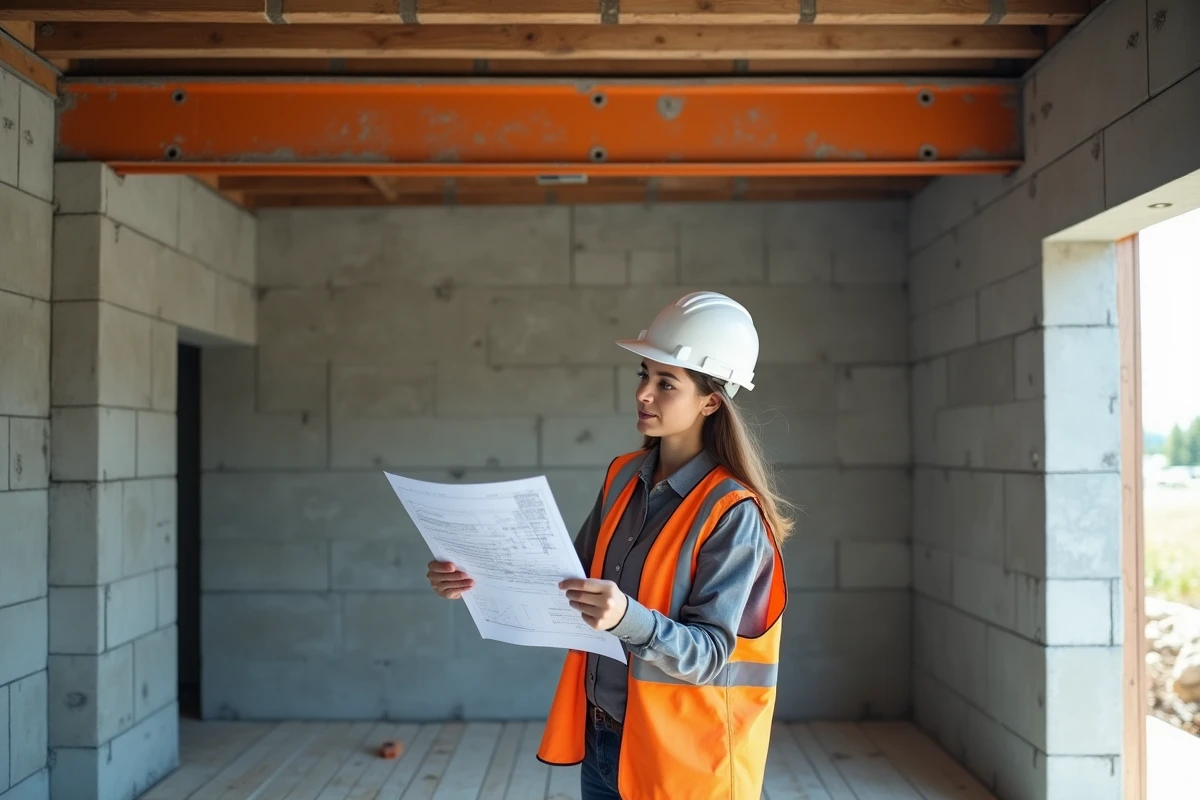 Ingénieure structure vérifiant les plans devant un profilé HEA posé en linteau lors d'une ouverture de mur porteur