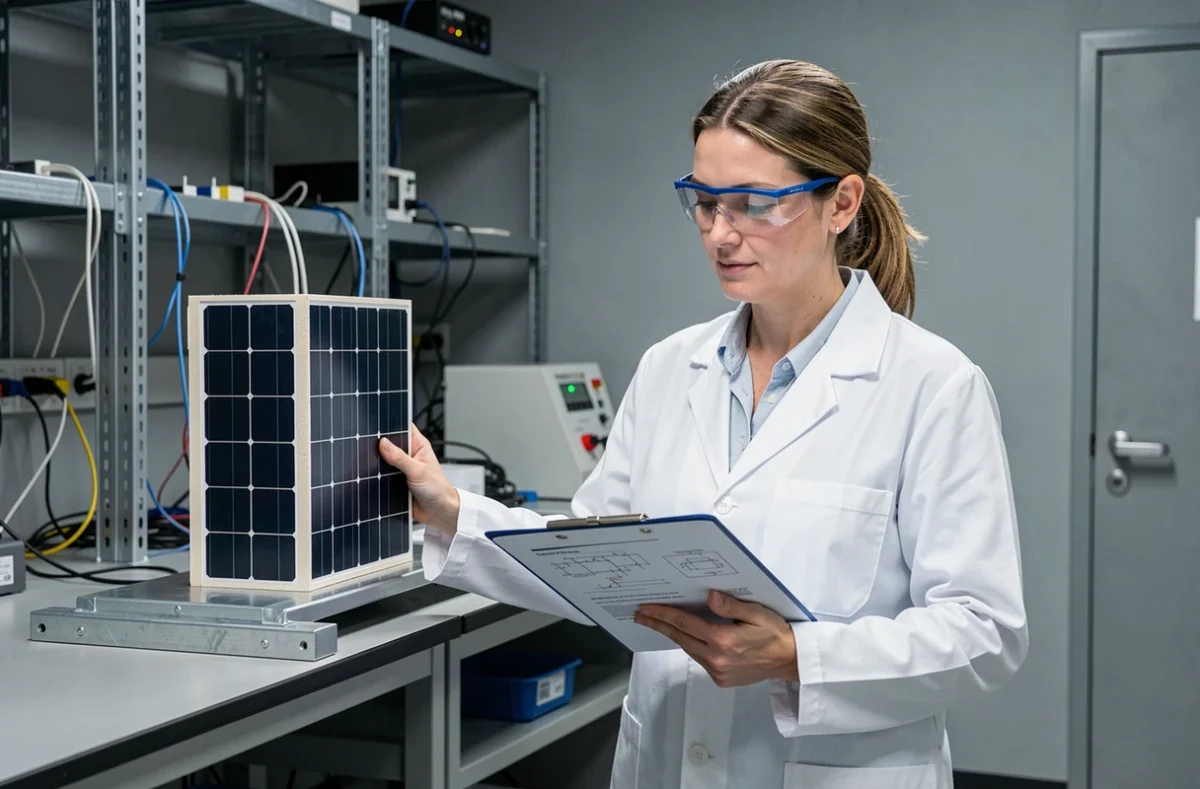 Ingénieure examinant un prototype de panneau solaire hybride en laboratoire