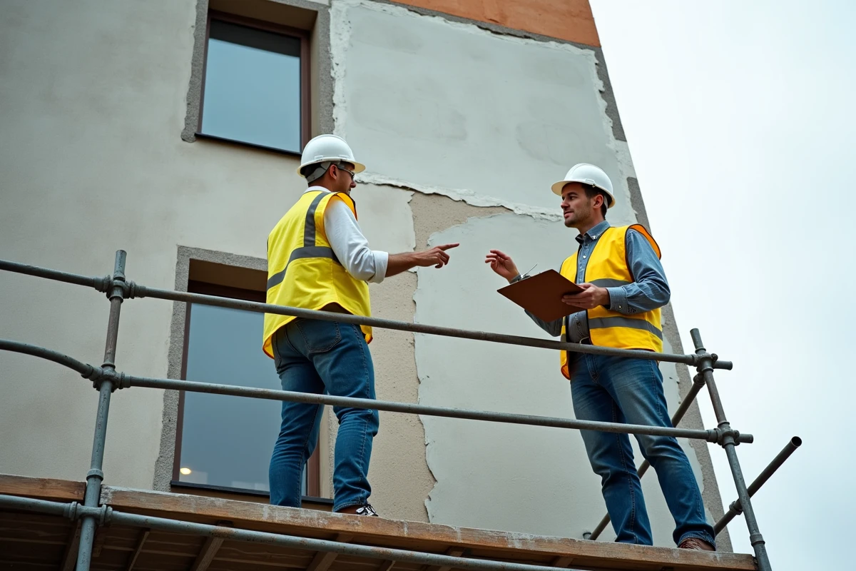 Deux ouvriers sur un échafaudage inspectant une façade avec crépi arraché lors d'une rénovation d'isolation extérieure