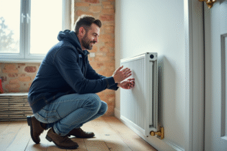 Homme inspectant un radiateur avec vanne thermostatique