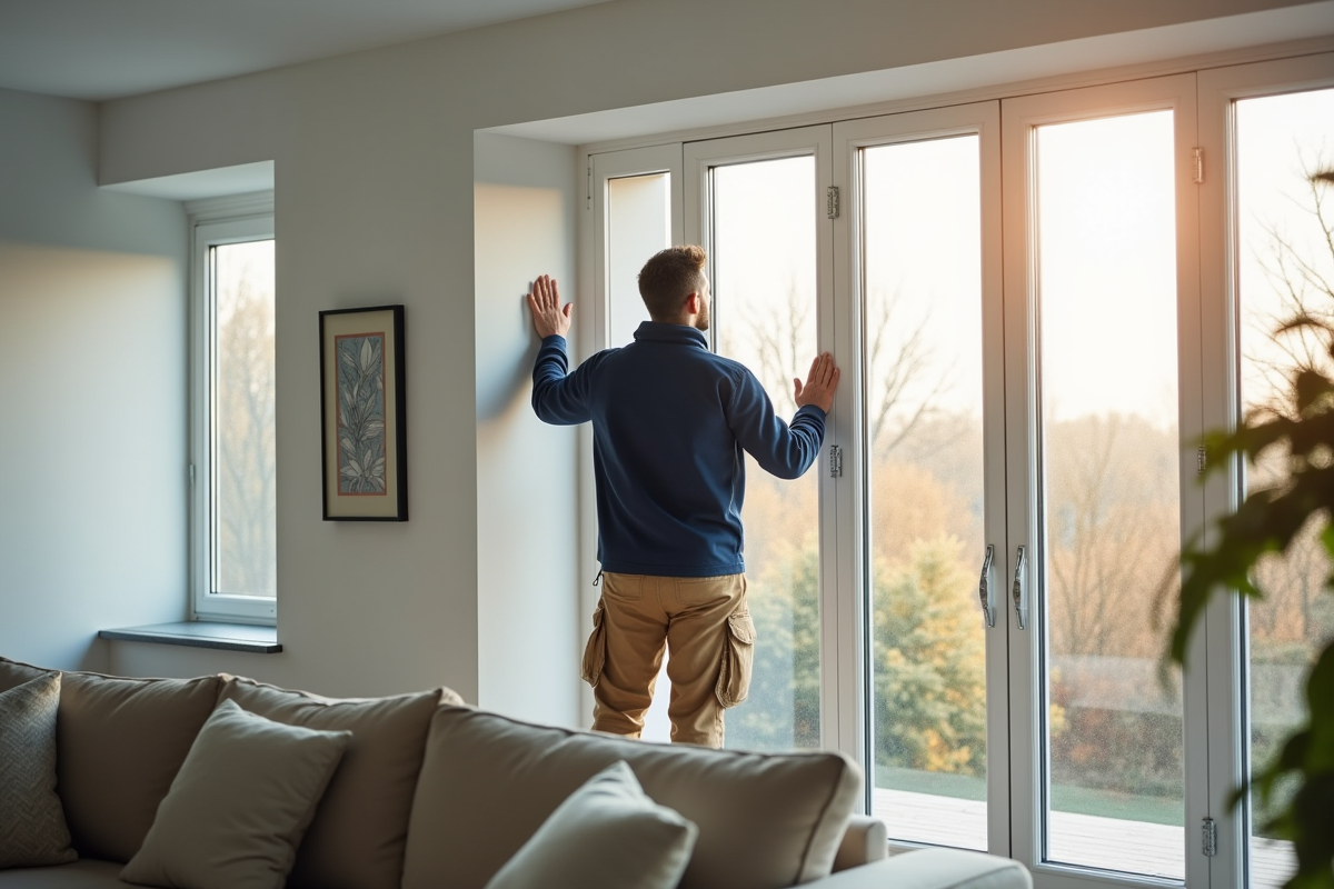 Installateur de fenêtres mesure une grande fenêtre moderne