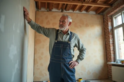 Homme en overalls posant une plaque de platre dans une pièce rénovée
