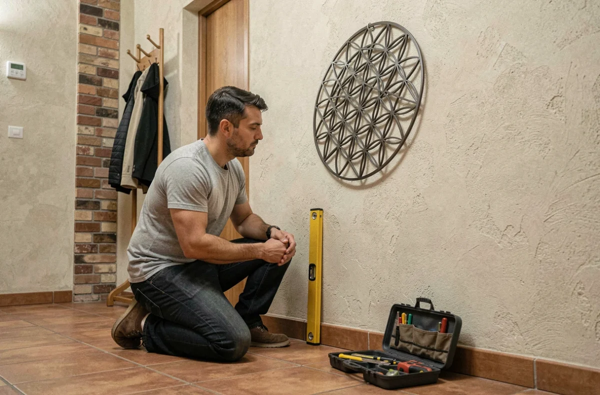 Homme corrigeant l'installation d'un mandala Fleur de vie en métal mal aligné sur un mur de couloir
