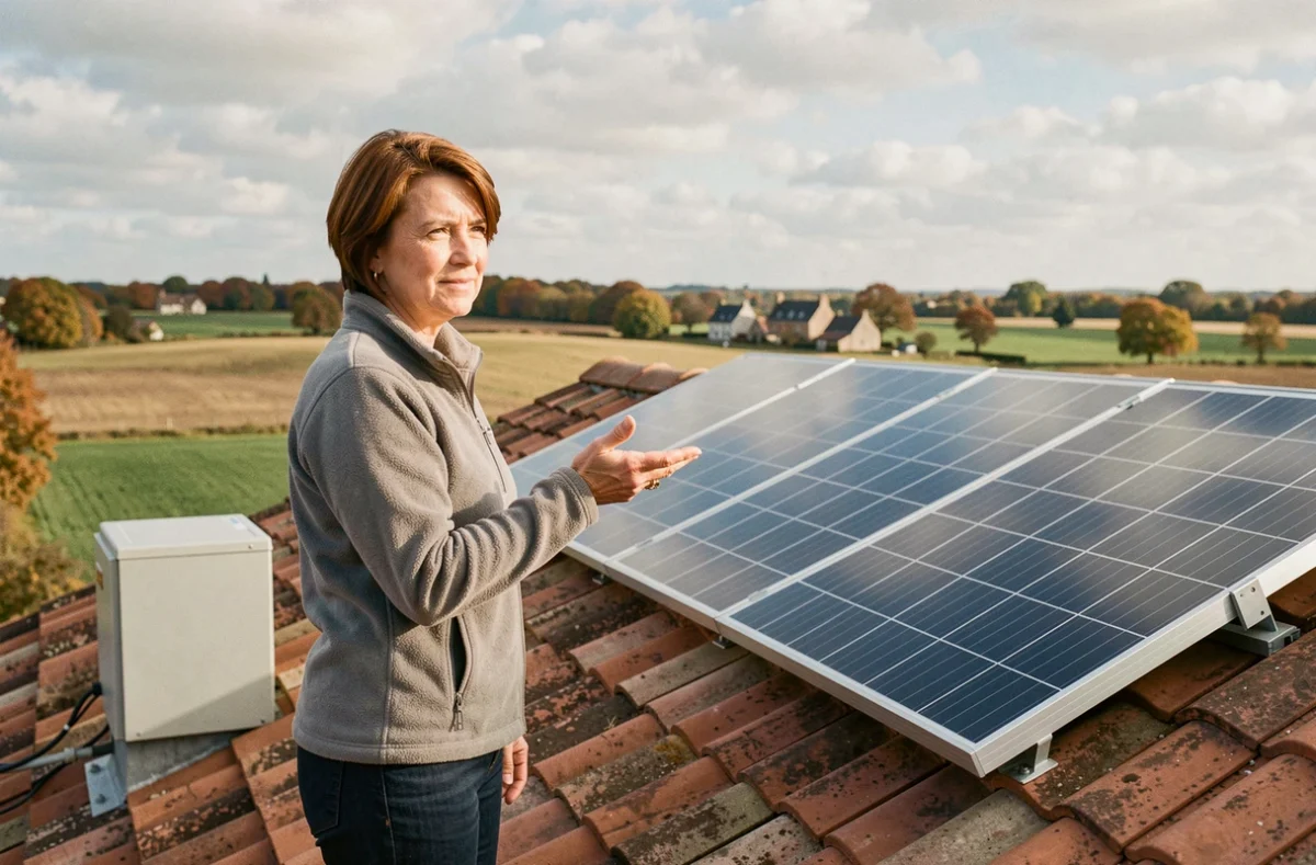 Femme sur un toit avec un kit de panneaux solaires installé en zone rurale