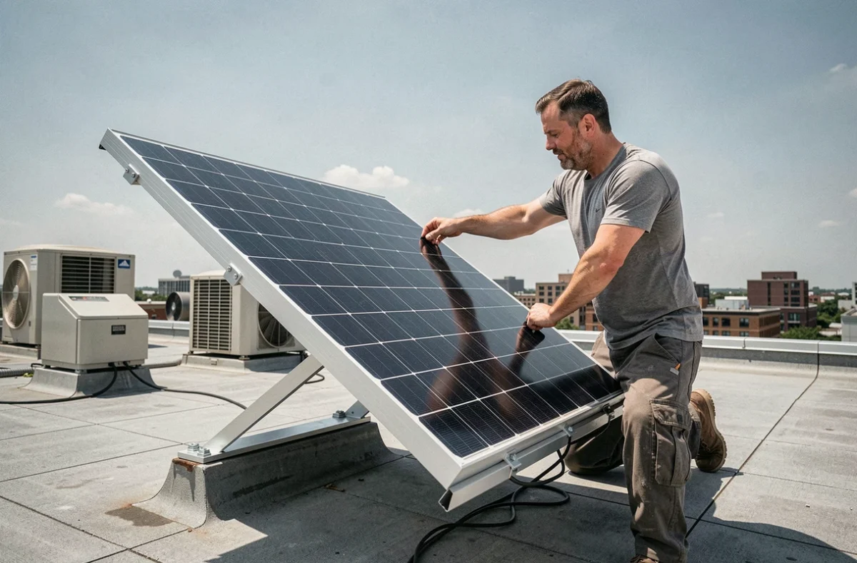 Homme installant un panneau solaire plug and play avec stockage sur une terrasse de toit-terrasse