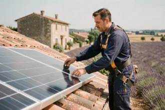 Technicien installant des panneaux solaires français sur le toit d'une maison de campagne en Provence