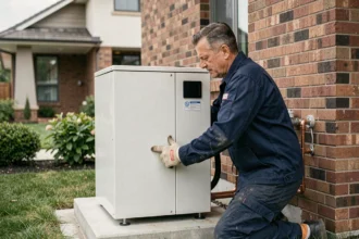 Technicien installant une pompe à chaleur air-eau prête à poser sur la façade extérieure d'une maison moderne