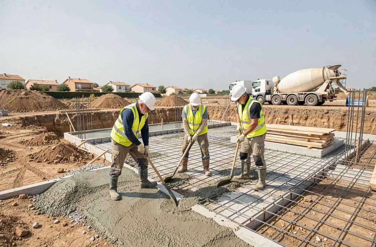 Équipe de maçons réalisant des fondations en béton armé sur un chantier de gros œuvre dans les Bouches-du-Rhône pour I.P.C.