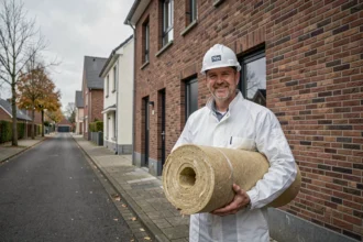 Ouvrier spécialisé en isolation devant une maison rénovée dans les Hauts-de-France