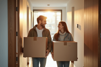 Jeune couple souriant dans un appartement lumineux