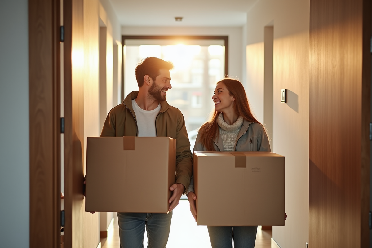Jeune couple souriant dans un appartement lumineux