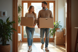 Jeune couple souriant avec cartons dans un appartement lumineux